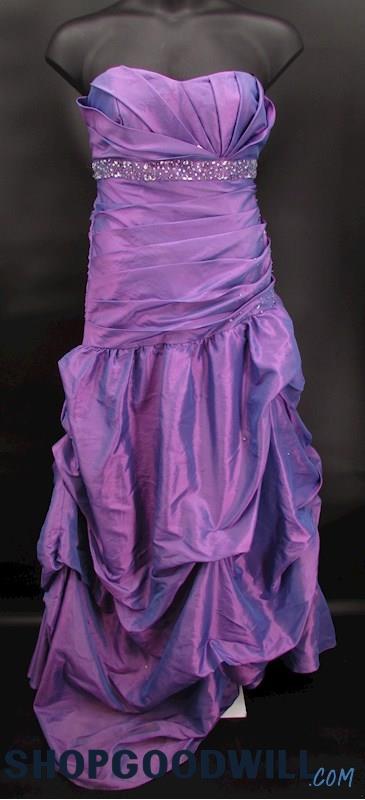 Roberta Women's Purple Metallic Pleated Rhinestone Strapless Gown SZ 16