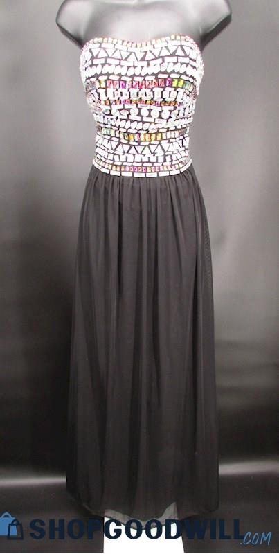 Nox Women's Black Rhinestone Bodice Strapless Column Formal Gown SZ L