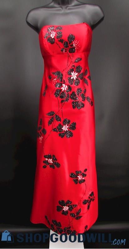 Blondie Nites Juniors Red & Black Glitter Floral Empire Waist Formal Gown SZ 5