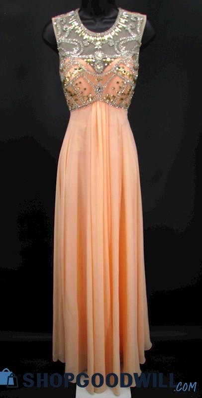 Dave & Johnny Juniors Peach Rhinestone Illusion High Neck Empire Waist Gown SZ 7