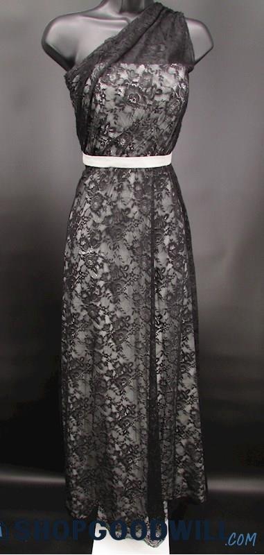 Alfred Angelo Women's Black & Grey Lace Overlay One Shoulder Formal Gown SZ 8