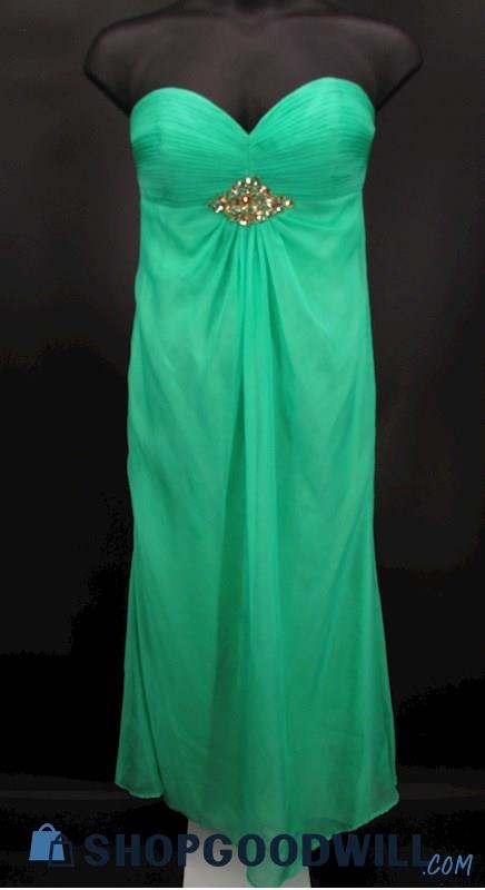 Alyce Women's Light Green Pleated Rhinestone Detail Strapless Formal Gown SZ 12