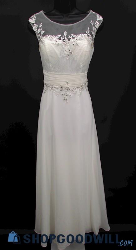 Decode Women's Ivory Lace Beaded Illusion Neckline Column Formal Gown SZ 6