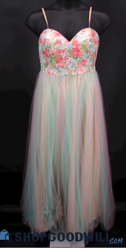 Dave & Johnny Juniors Pink Blue Lace Rhinestone Bodice Sweetheart Ballgown SZ 13