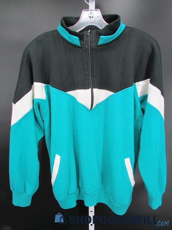 Sporting Club Men's Vintage Black & Teal Quarter Zip Sweatshirt SZ L