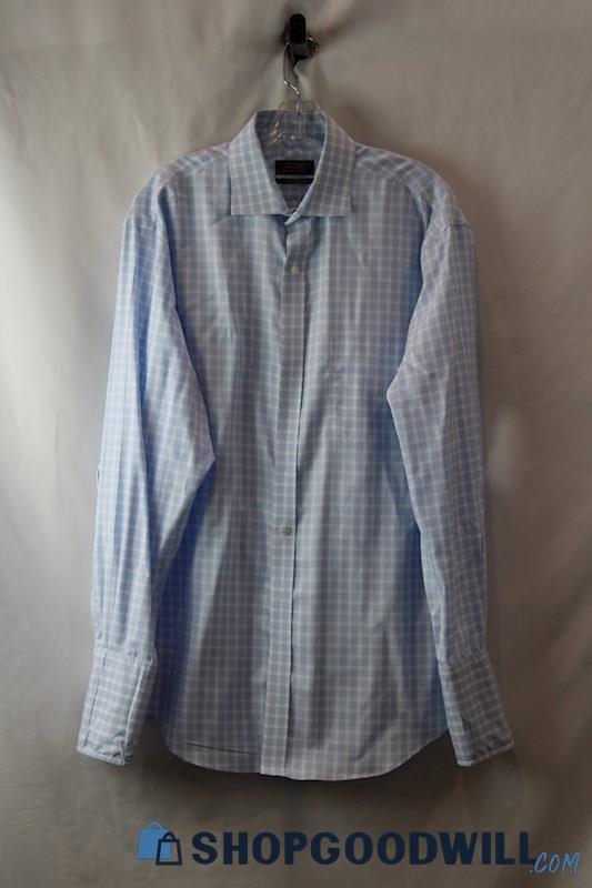 Tasso Elba Men's Light Blue Gingham Pattern Button Up Shirt SZ L