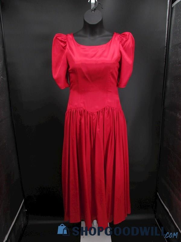 Vintage Unbranded Women's Red Puffy Sleeves Drop Waist Formal Dress SZ M