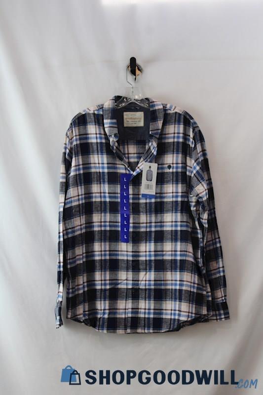 NWT Weatherproof Men's Navy/Tan Plaid Long Sleeve Flannel Button Up Shirt sz L