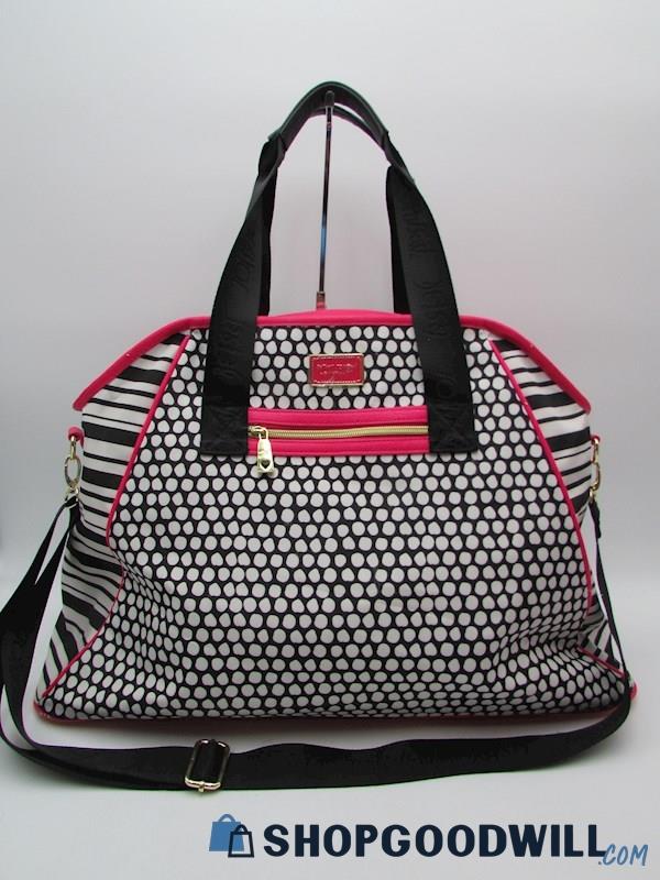 Betsey Johnson Black Dot & Stripes Nylon Weekender Duffle Handbag Purse