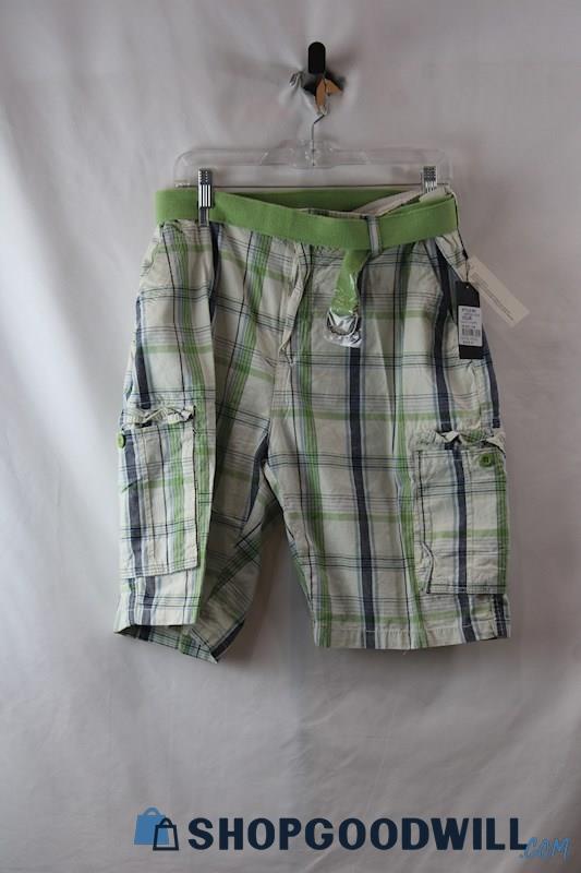 NWT Galaxy Men's White/Green Plaid Belted Cargo Shorts SZ-38