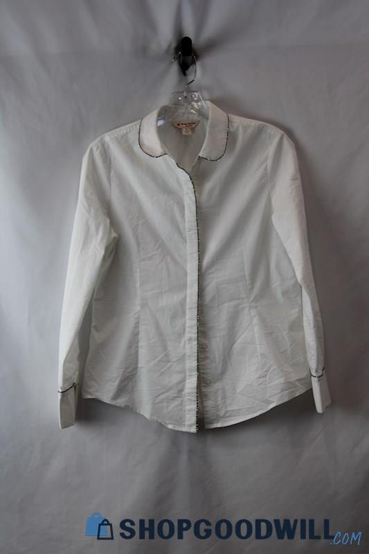 Brooks Brothers Women's White Silver Embroidered Trim Button Up Shirt SZ 6