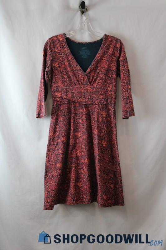 Patagonia Women's Red/Blue Paisley Pattern V Neck 3/4 Sleeve Dress SZ S