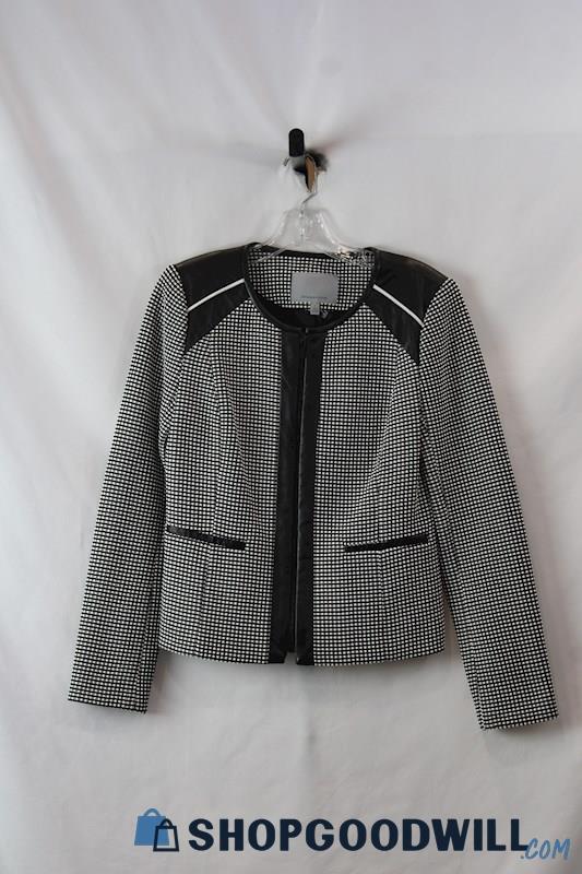 CLASSIQUES ENTIER Women's Black/White Tweed Zip Up Leather Trim Blazer SZ S
