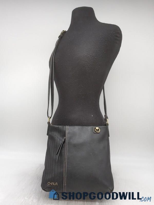 Chala Black Perforated Faux Leather Large Crossbody Handbag Purse