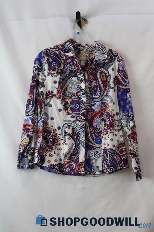 Chico's Women's Red/Blue Paisley Pattern Button Up Shirt SZ M/10