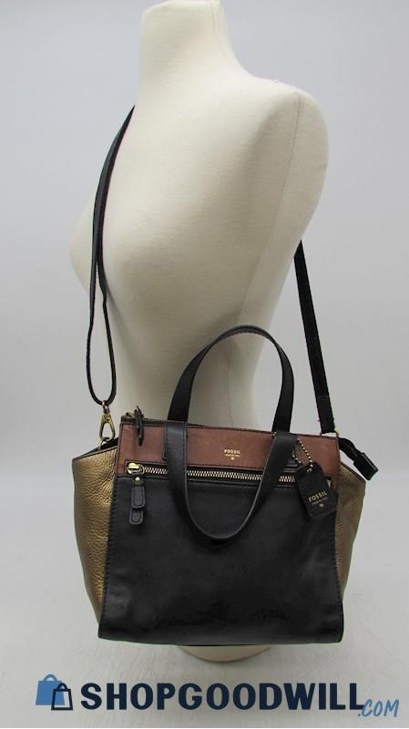 Fossil Tessa Black/ Brown/ Gold Leather Crossbody Handbag Purse