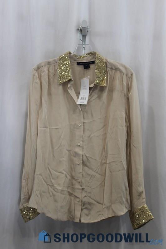 NWT French Connection Womens Khaki/Gold Sequence Button Down Blouse Sz M