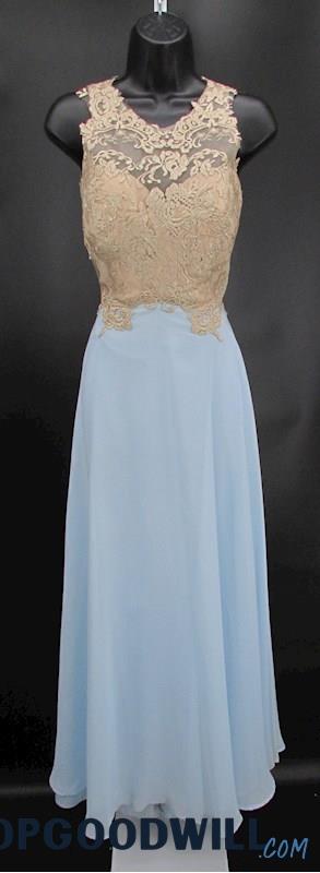 Unbranded Women's Tan/Lt. Blue Illusion Neckline A-Line Formal Dress SZ L