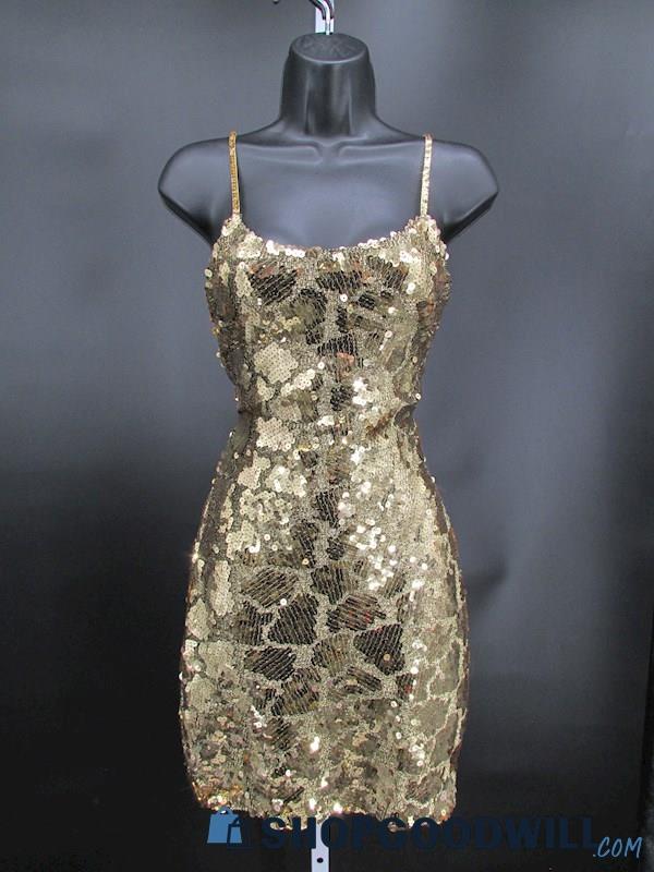 Karen Lucas Metallic Gold Giraffe Pattern Sequin Mini Formal Dress SZ S