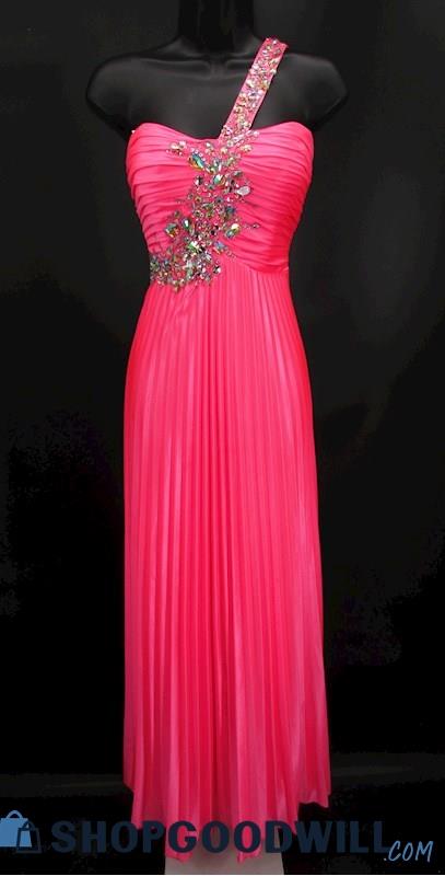 Deb Juniors Hot Pink Rhinestone Pleated One Shoulder Formal Gown SZ 9