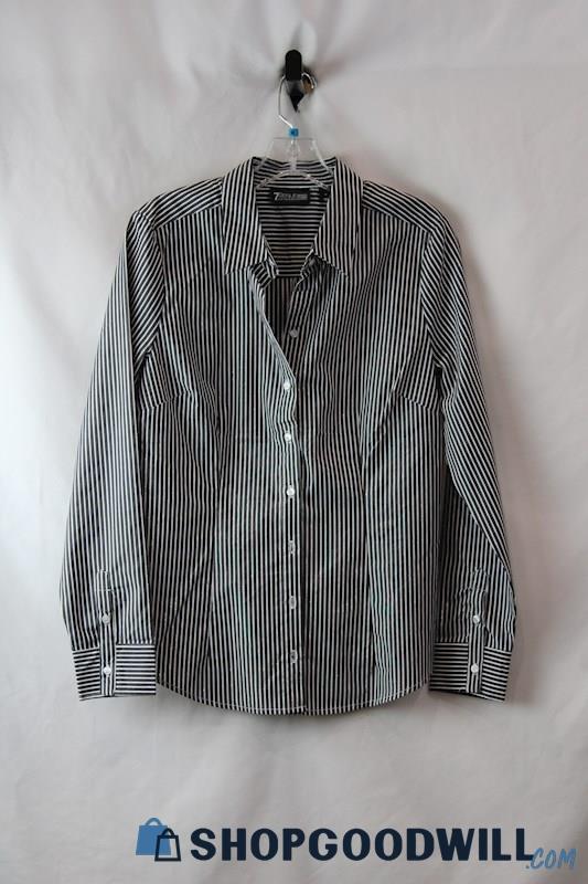 NWT 7th Avenue Women's White/Black Shimmer Striped Button Up Shirt SZ M