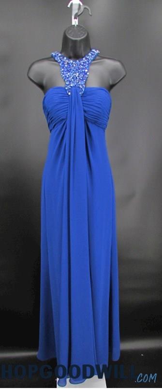 LM Collection Women's Blue Empire Beaded Halter Neckline Maxi Formal Dress SZ M