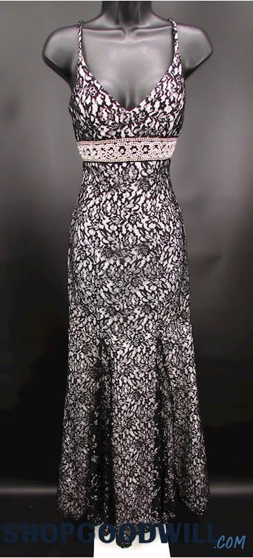 Sequin Hearts Juniors Black & White Lace Rhinestone Trumpet Formal Gown SZ 3