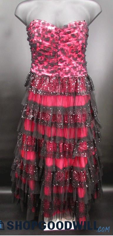 Deb Womens Hot Pink & Black Lace Tulle Sequin Tiered Strapless Formal Gown SZ 20
