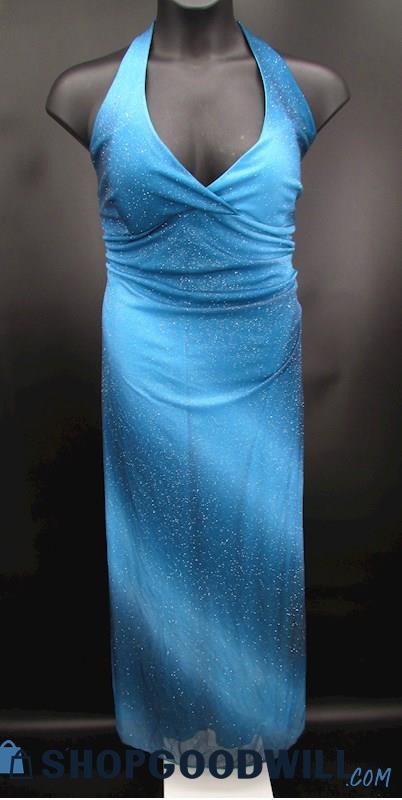 Taboo Women's Blue Ombre Glitter Halter Neck Faux Wrap Formal Gown SZ 3X