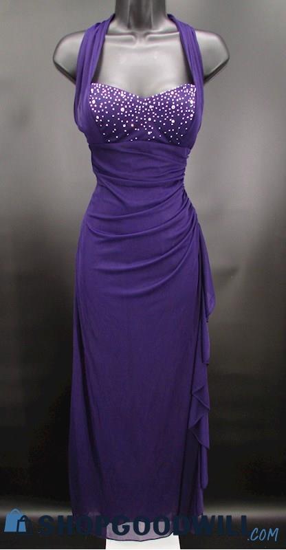 Blondie Nites Juniors Purple Rhinestone Empire Waist Halter Top Formal Gown SZ 5