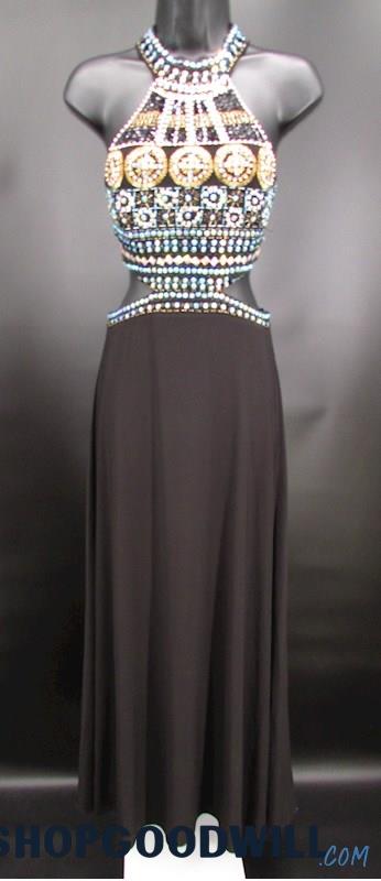 Crystal Doll Juniors Black Iridescent Rhinestone Gold Beaded Cut Out Gown SZ 3