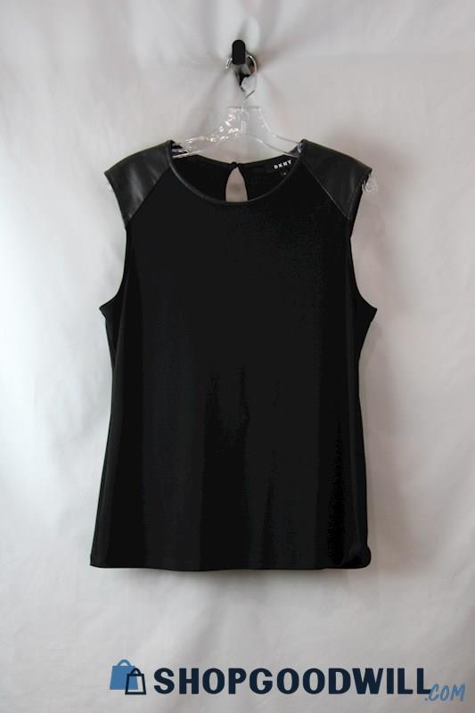 DKNY Women's Black Faux Leather Shoulder Detail Shirt SZ M