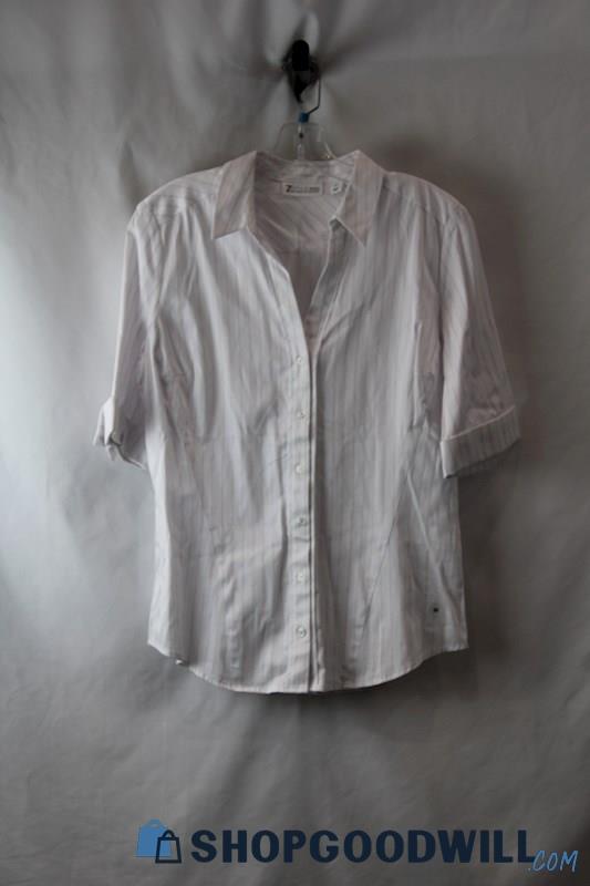 NWT NY & CO Women's White/Pink Striped Button Up Short Sleeve Shirt SZ M