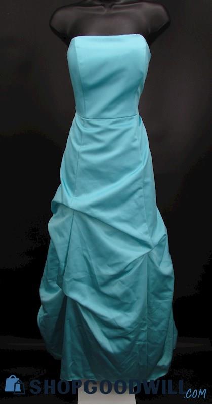 David's Bridal Women's Aqua Blue Strapless Bubble Ruched A Line Formal Gown SZ 8