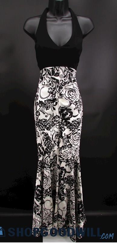 Blondie Nites Juniors Black & White Floral Halter Neck Ruched Mermaid Gown SZ 3