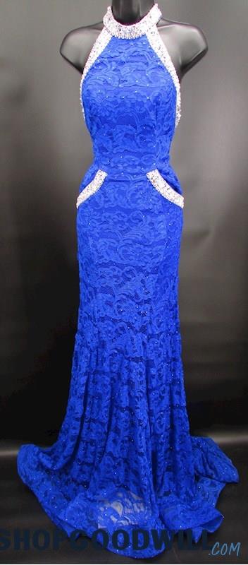 Blush Prom Women's Blue Lace & Silver Sequin & Beaded Halter Neck Gown SZ 6