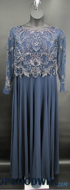 NWT Xscape Women's Navy Beaded Long Sleeve Pleated Maxi Formal Dress SZ 20W