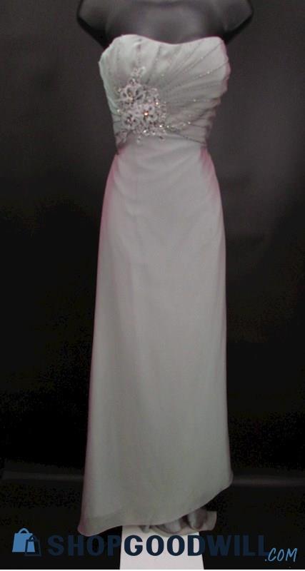 Mon Cheri Women's Grey Beaded Applique Bodice Strapless Formal Gown SZ 6