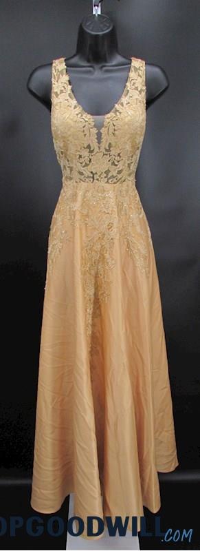JJ's House Women's Gold Lace Illusion Bodice A-Line Formal Dress SZ L