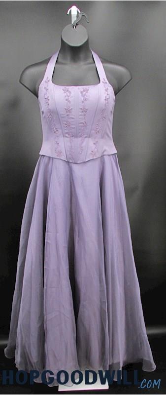 Michelangelo Women's Purple Embroidered Halter A-Line Formal Dress SZ 12