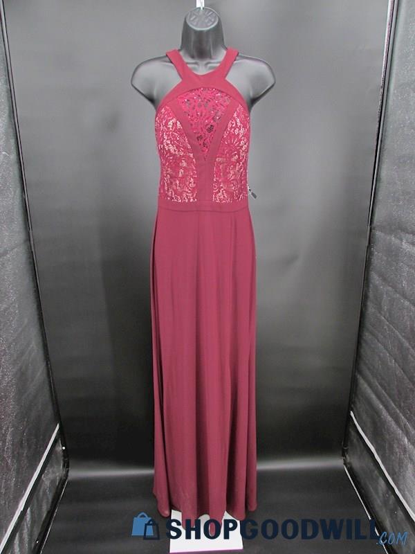 NWT Nightway Women's Burgundy Lace Halter Slit Sheath Formal Dress SZ 8