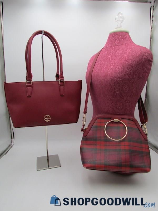 Iman Global Chic Collection Cranberry Gingham Tote/Crossbody Set Handbag Purse