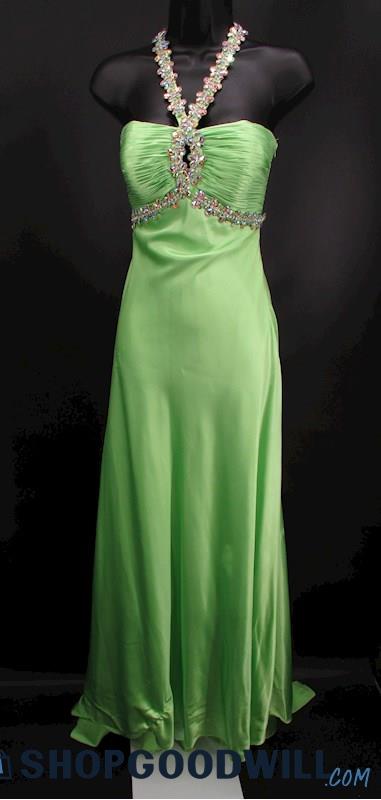 Nightway Women's Lime Green Pleated Rhinestone Trim Cut Out Back Gown SZ 6