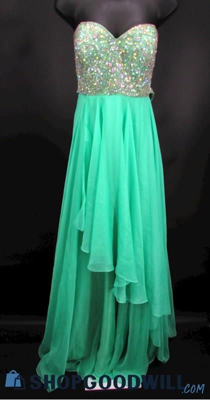 Alyce Women's Light Green Rhinestone Strapless Cage Back Formal Gown SZ 10