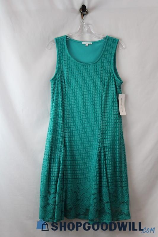 NWT Notations Women's Teal Floral Embroidered Overlay Sleeveless Dress sz M