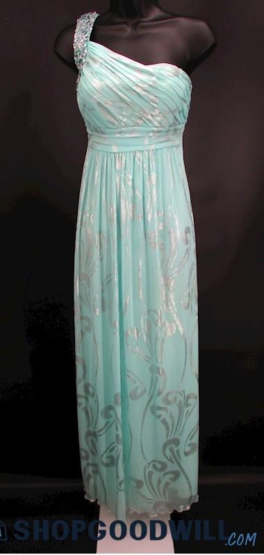 City Triangles Juniors Light Blue & Silver Rhinestone One Shoulder Gown SZ 7