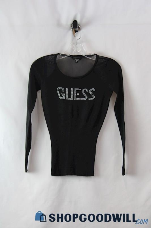 Guess Women's Black Rhinestone Graphic Sheer Top Ribbed Shirt SZ XS