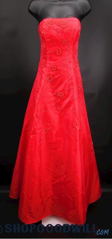 Michelangelo Women's Red Floral Beaded Strapless A Line Formal Gown SZ S