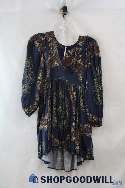 Free People Women's Navy/Brown Geo Pattern V Neck Long Sleeve Tunic Shirt sz S