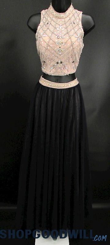 TLC Say Yes To The Prom Junior Navy Blue Illusion Rhinestone Two Piece Gown SZ 3